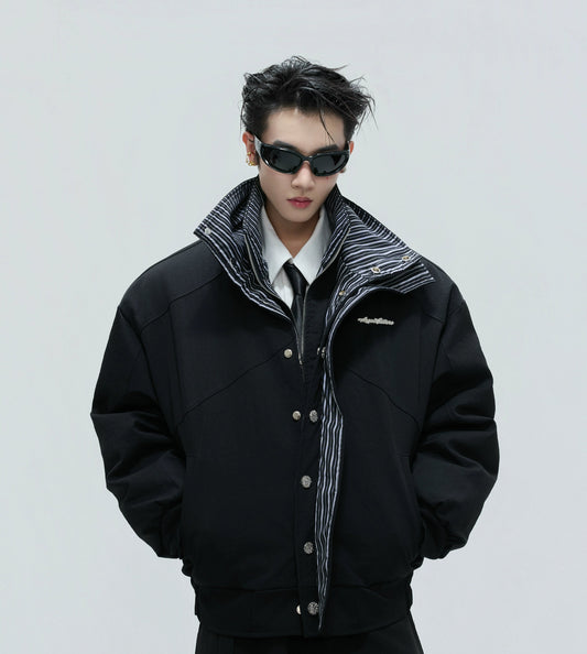 Washed Stripe Fake Layered Double Collar Puffer Jacket WN21725