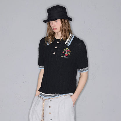 Stripe Glossy Button Embroidery Short Sleeve Polo Shirt WN17829