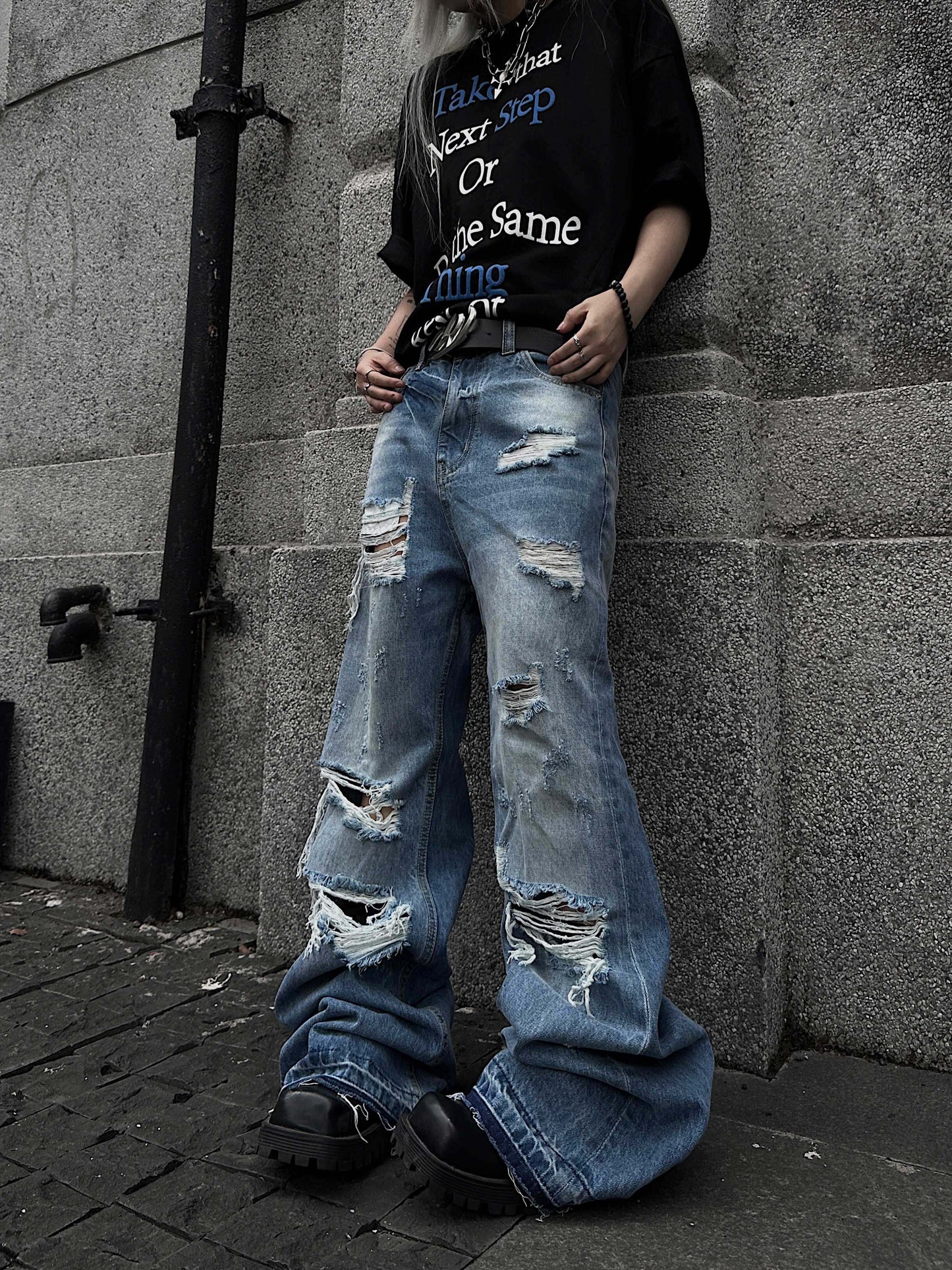 Cutout Damage Fringe Whisker Stacked Flare Denim Jeans WN24226