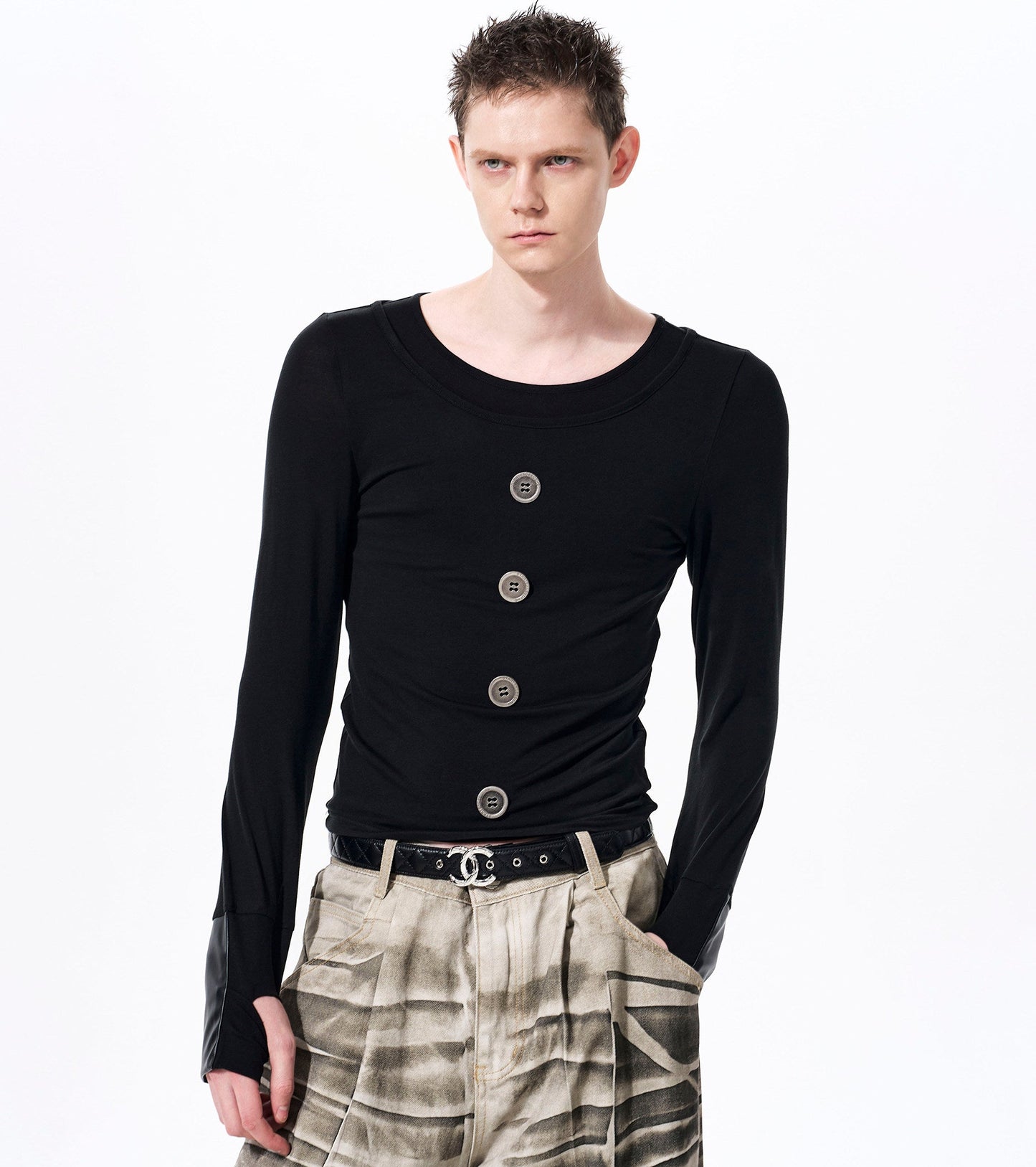 Tencel Fake Layered Button Long Sleeve T-Shirt WN23270