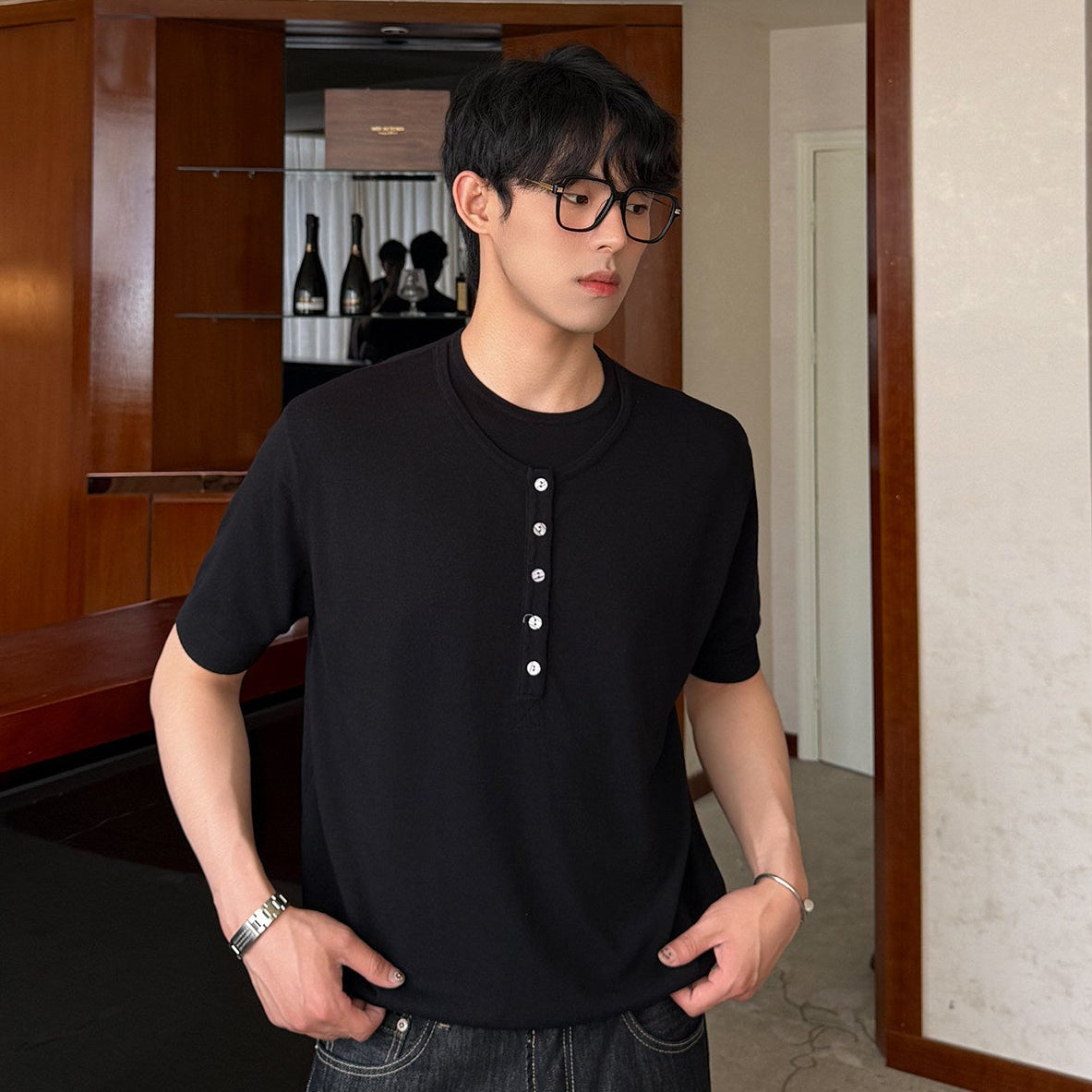 Fake Two Pieces Crew Neck Knit Short Sleeve Shirt WN24956