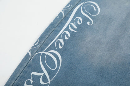 Washed Letter Print Wide Leg Denim Jeans WN25563