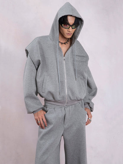 Shoulder Pad Short Zipper Hoodie & Wide-Leg Sweatpants Setup WN9335