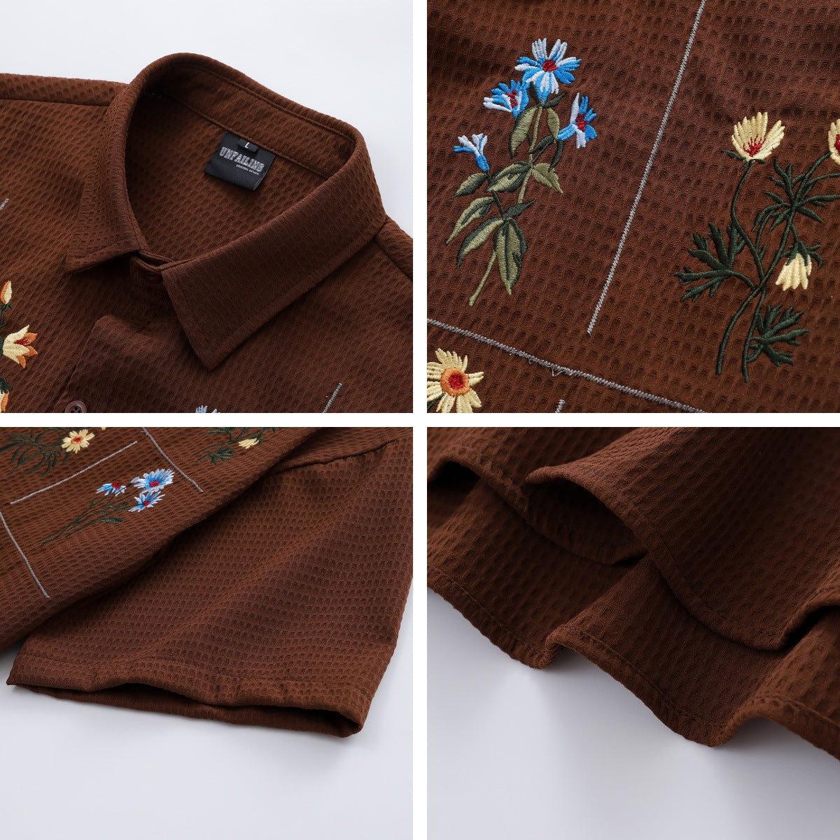 Flower Embroidery Waffle Short Sleeve Shirt WN26913