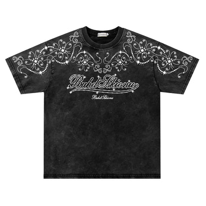Washed Rhinestone Ornament Short Sleeve T-Shirt WN26746