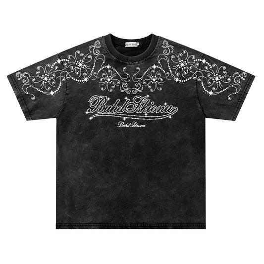 Washed Rhinestone Ornament Short Sleeve T-Shirt WN26746