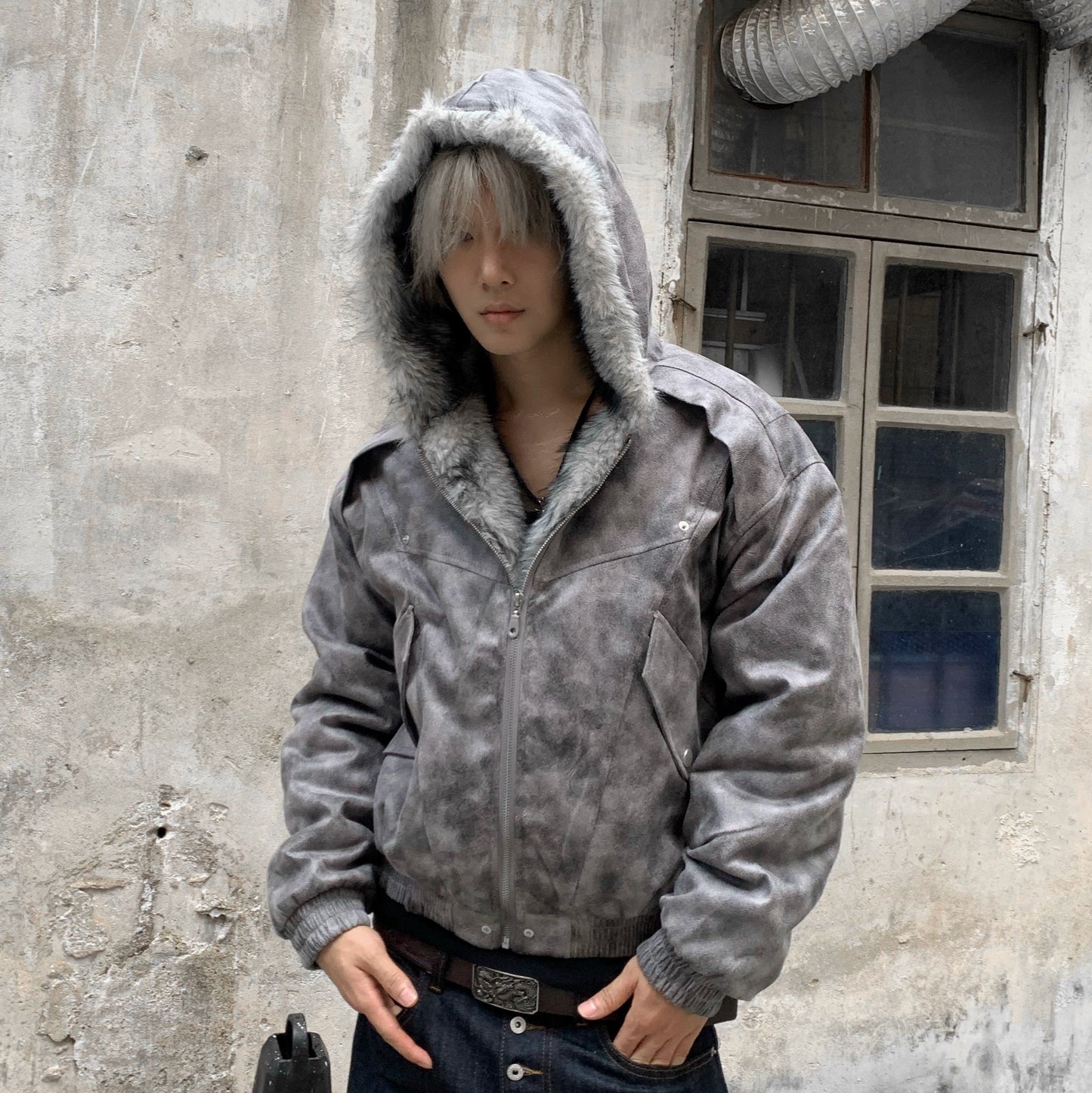 Washed Fake Fur-Collar Hooded Jacket WN22219