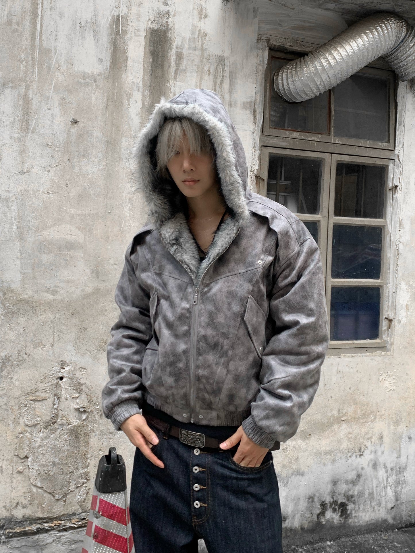 Washed Fake Fur-Collar Hooded Jacket WN22219