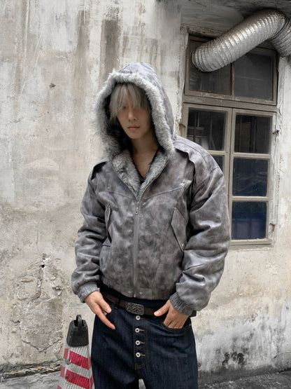 Washed Fake Fur-Collar Hooded Jacket WN22219