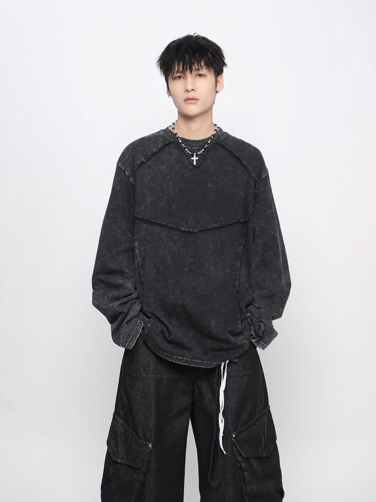 Washed Deconstructed Appliqué Oversize Long Sleeve T-Shirt WN24471