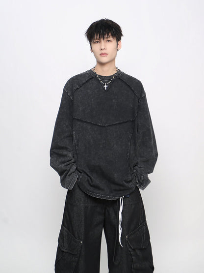 Washed Deconstructed Appliqué Oversize Long Sleeve T-Shirt WN24471