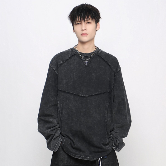 Washed Deconstructed Appliqué Oversize Long Sleeve T-Shirt WN24471