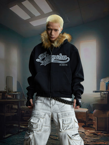 Fake Fur Design Embroidery Letter Oversize Zipper Hoodie WN20822