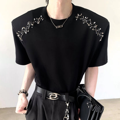 Metal Pin Shoulder-pad Oversize Short Sleeve T-Shirt WN20356