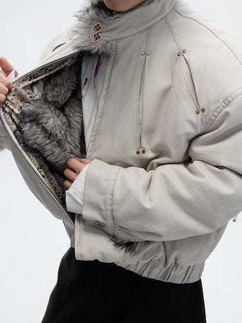 Fake Fur Collar Heavyweight Wash Canvas Puffer Jacket WN22624