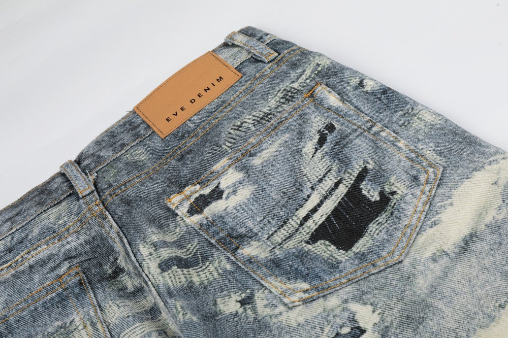3D Print Damage Washed Wide Leg Denim Jeans WN27953