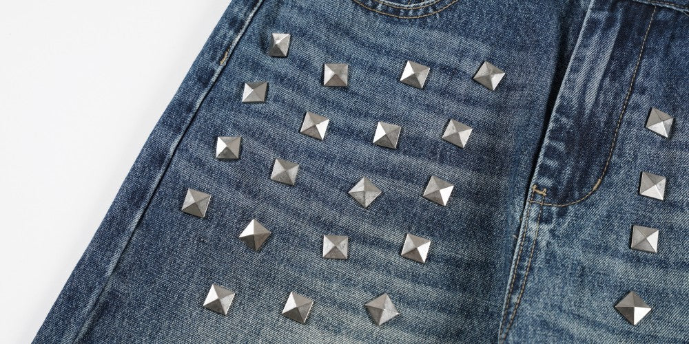 Metal Stud Washed Wide Leg Denim Jeans WN27843