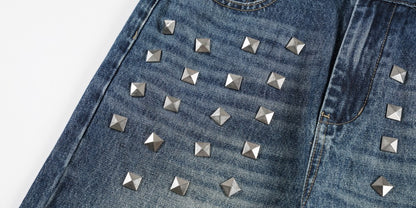 Metal Stud Washed Wide Leg Denim Jeans WN27843