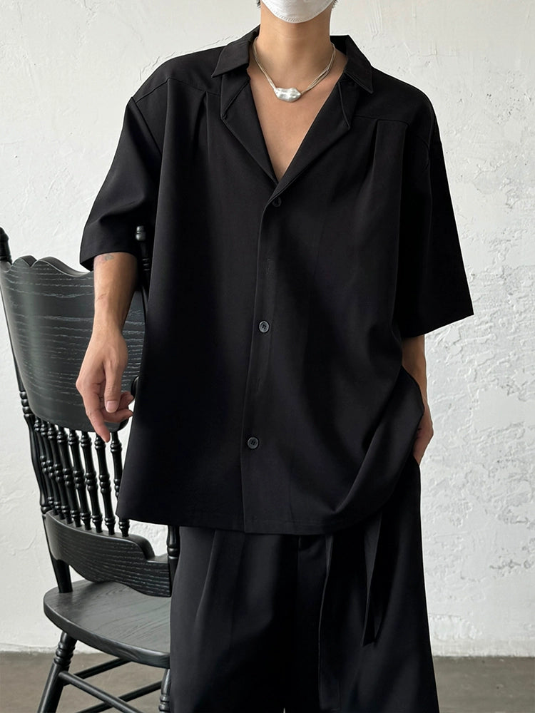 Cuban Collar Pleats Structured Short Sleeve Shirt WN19989