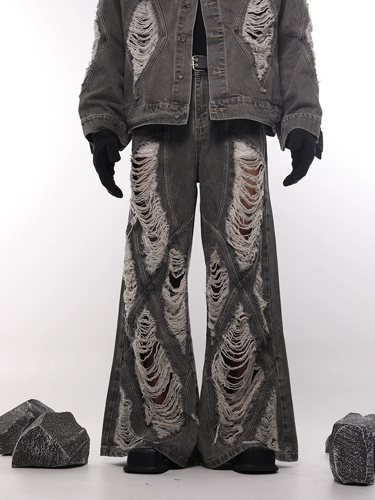 Frayed Washed Damage Wide Leg Denim Jeans WN18687