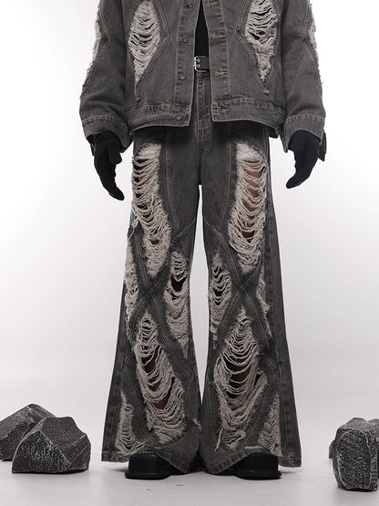 Frayed Washed Damage Wide Leg Denim Jeans WN18687