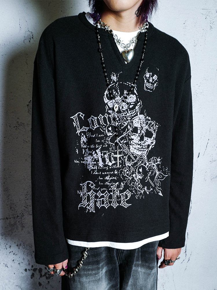 Waffle Knit Fake Layered Long Sleeve T-Shirt WN15949