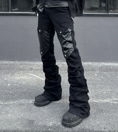 PU Leather Patchwork Pleats Flare Cargo Pants WN23015