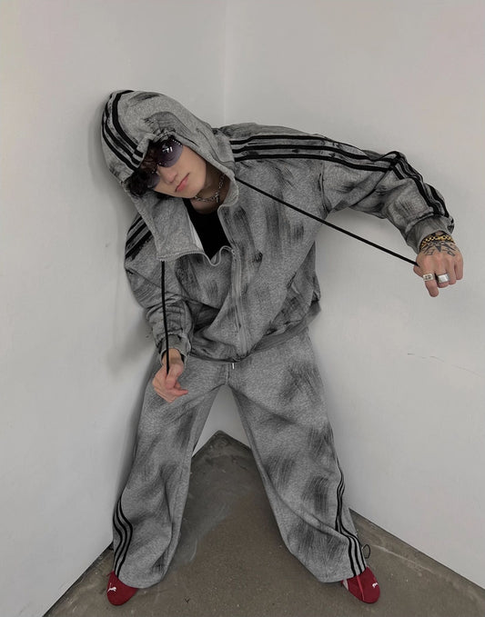 Washed Stripes Zipper Hoodie & Wide-Leg Sweatpants Setup WN10804