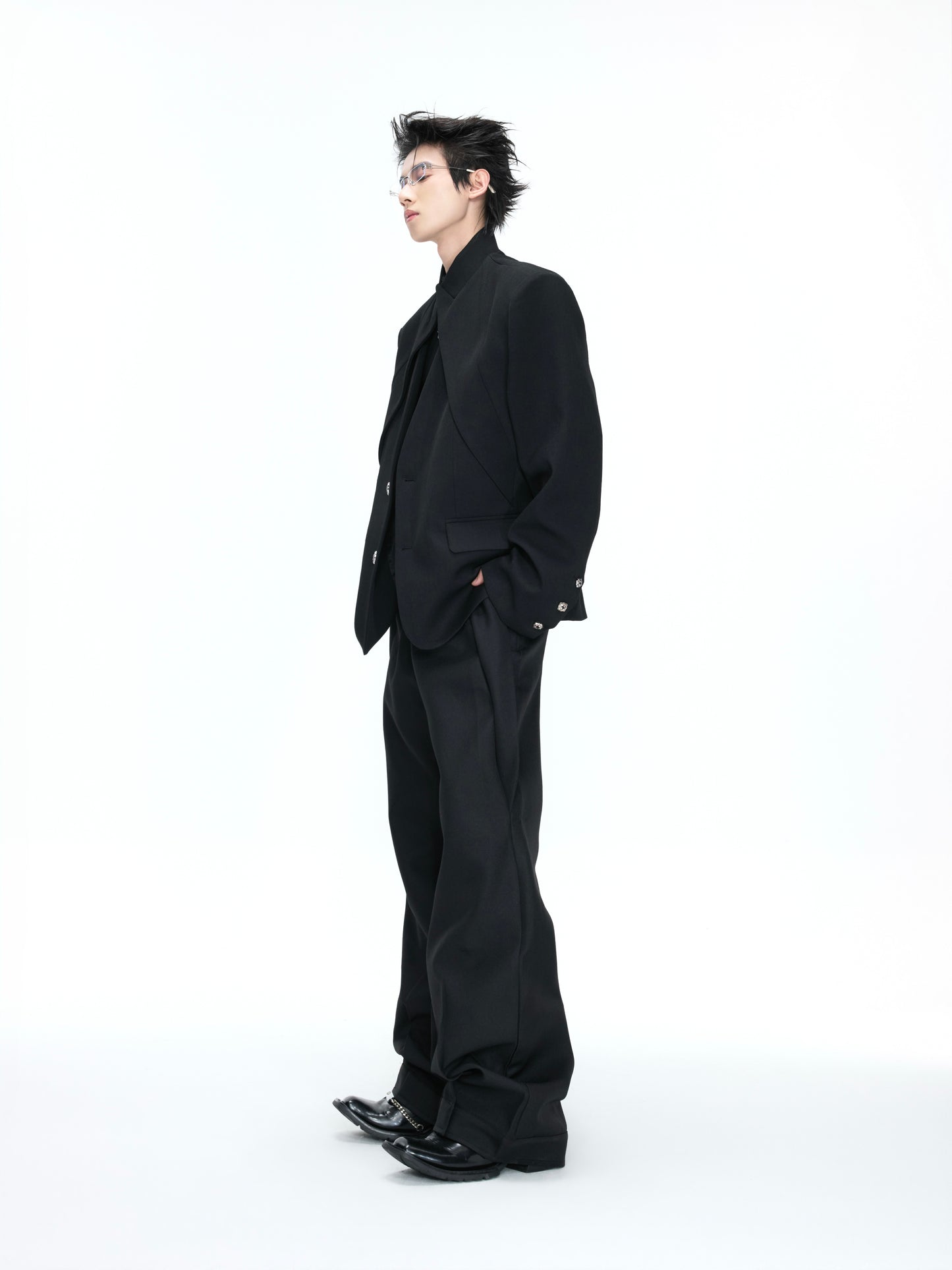 Fake Layered Stand and V-Neck Shoulder Pad Tailored Jacket & Wide Leg Trousers Setup WN26972