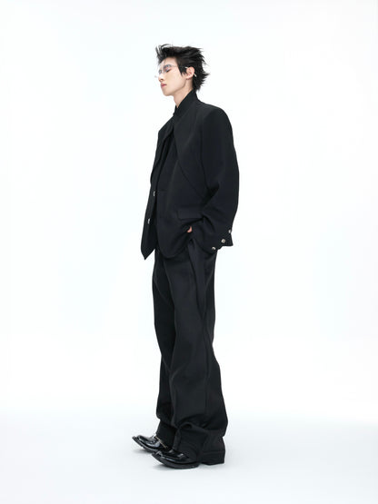 Fake Layered Stand and V-Neck Shoulder Pad Tailored Jacket & Wide Leg Trousers Setup WN26972