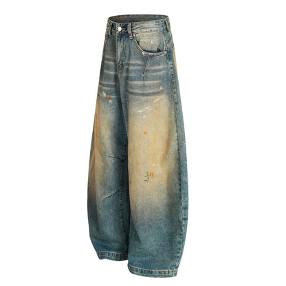 Dirty Washed Curved Wide Leg Denim Jeans WN25914