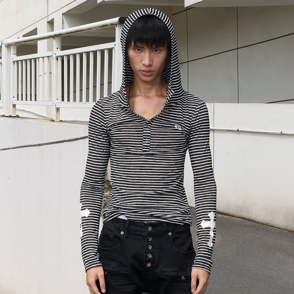 Stripe Cross Print Snap Button Hoodie WN27253