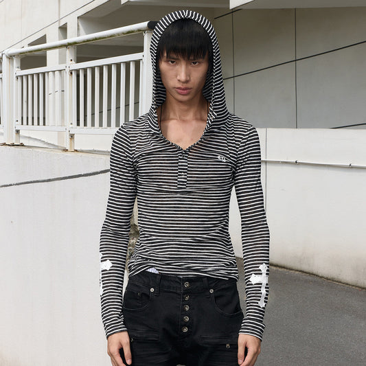 Stripe Cross Print Snap Button Hoodie WN27253
