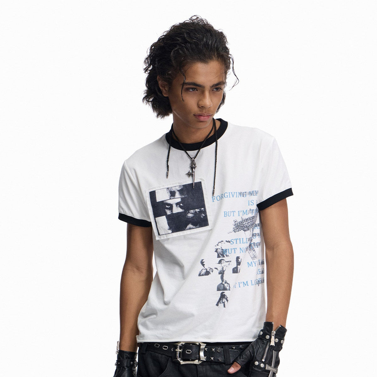Cross Slogan Print Contrast Trim Short Sleeve T-Shirt WN27457