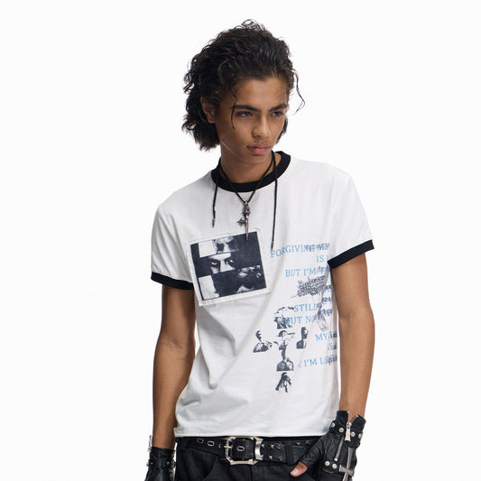 Cross Slogan Print Contrast Trim Short Sleeve T-Shirt WN27457