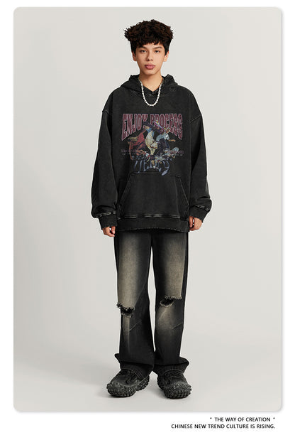 Washed Oversize Skateboard Print Hoodie WN7819