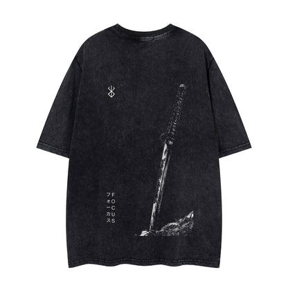 Washed Damage Sword Symbol Print Short Sleeve T-Shirt WN26916