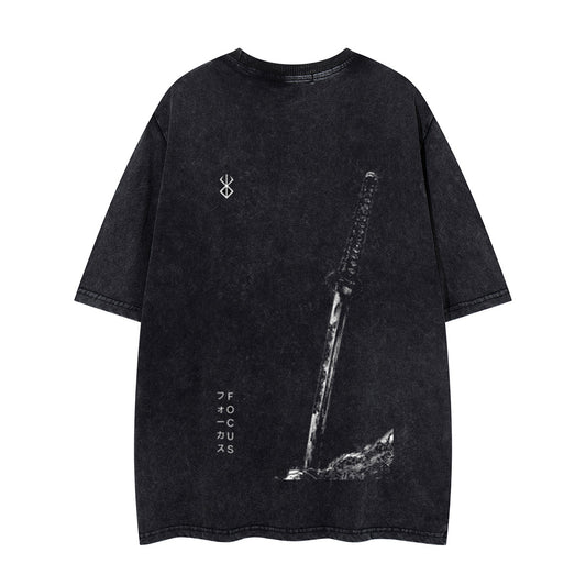 Washed Damage Sword Symbol Print Short Sleeve T-Shirt WN26916