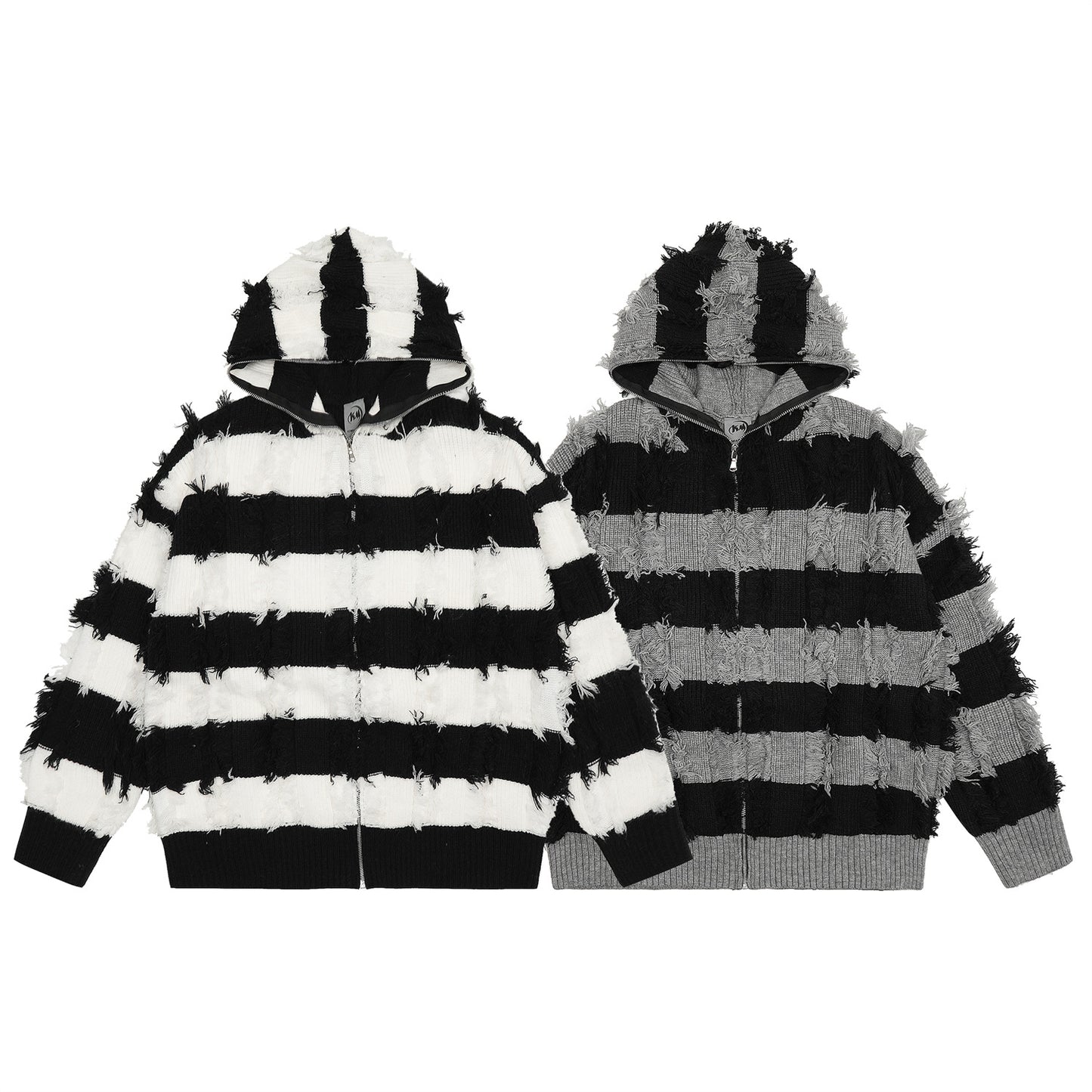 Damage Stripe Hooded Zipper Knit Cardigan WN11212