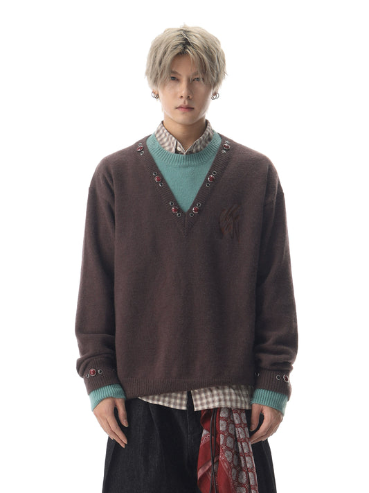 Fake Layered V-Neck Knit Sweater WN22097