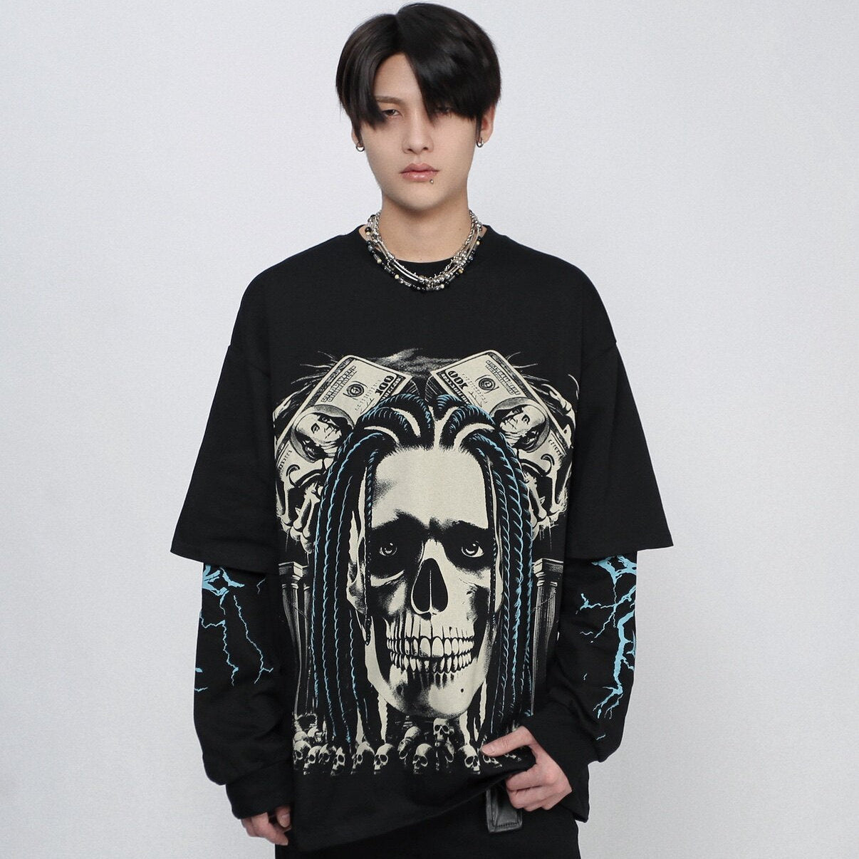 Fake Layered Skull Print Oversize Long Sleeve T-Shirt WN24492