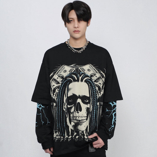 Fake Layered Skull Print Oversize Long Sleeve T-Shirt WN24492