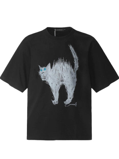 Cat Print Overaize Short Sleeve T-Shirt WN5854