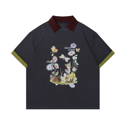 Flower Butterfly Print Short Sleeve Polo Shirt WN25547