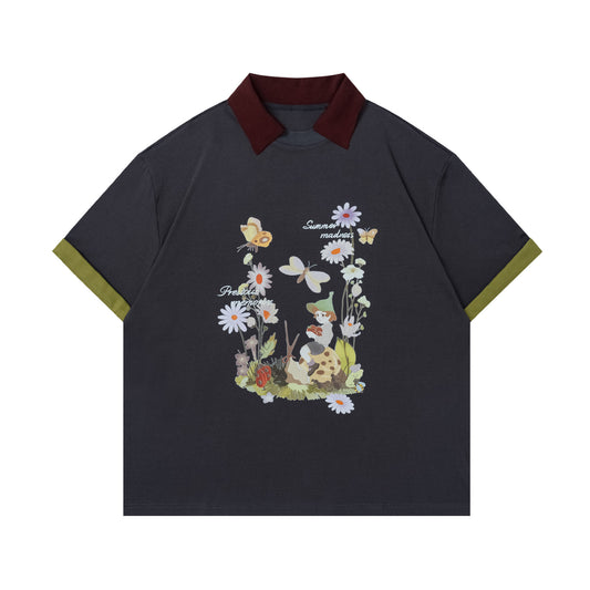 Flower Butterfly Print Short Sleeve Polo Shirt WN25547