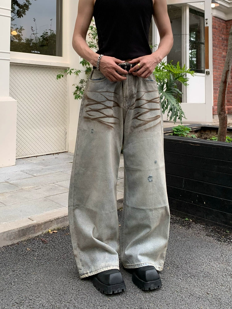 Mud-Dye Washed Whisker Wide Leg Denim Jeans WN19817