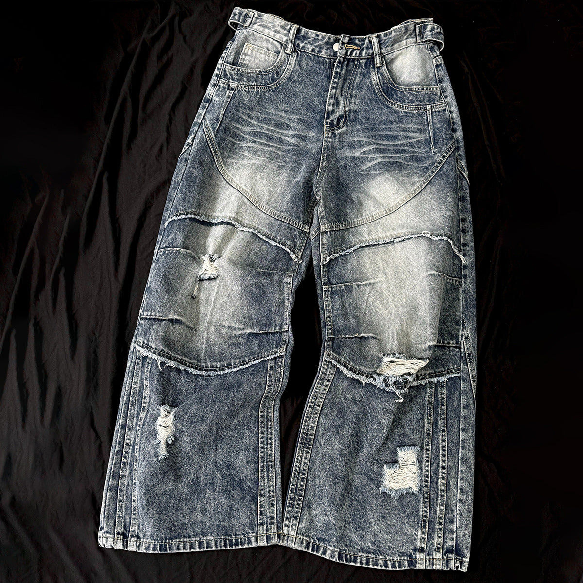 Washed Damage Splice Wide Leg Denim Jeans WN25742