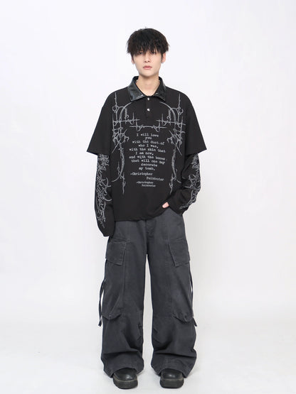 Gothic Print Fake Layered Waffle Long Sleeve T-Shirt WN21030