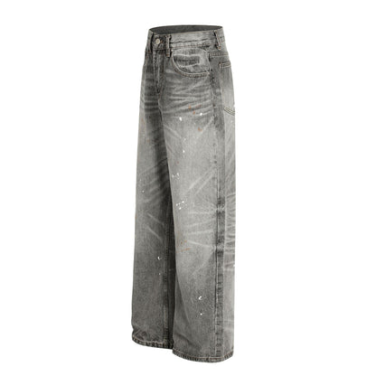 Dirty Washed Paint Wide Leg Denim Jeans WN25929
