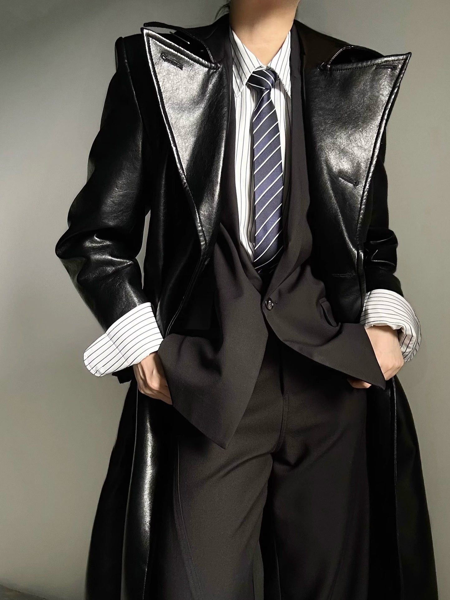 Belted PU Leather Waist-Shaping Coat WN23143